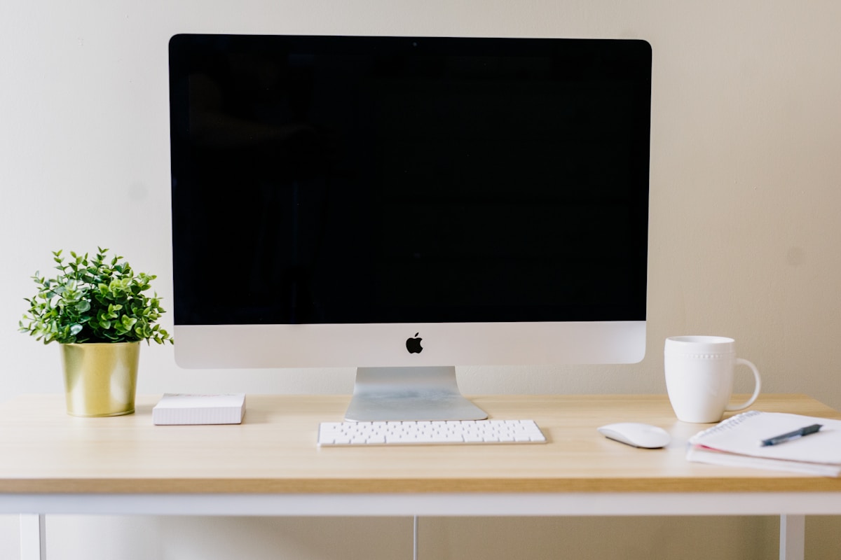 Bureau de travail avec ordinateur, plante et tasse.