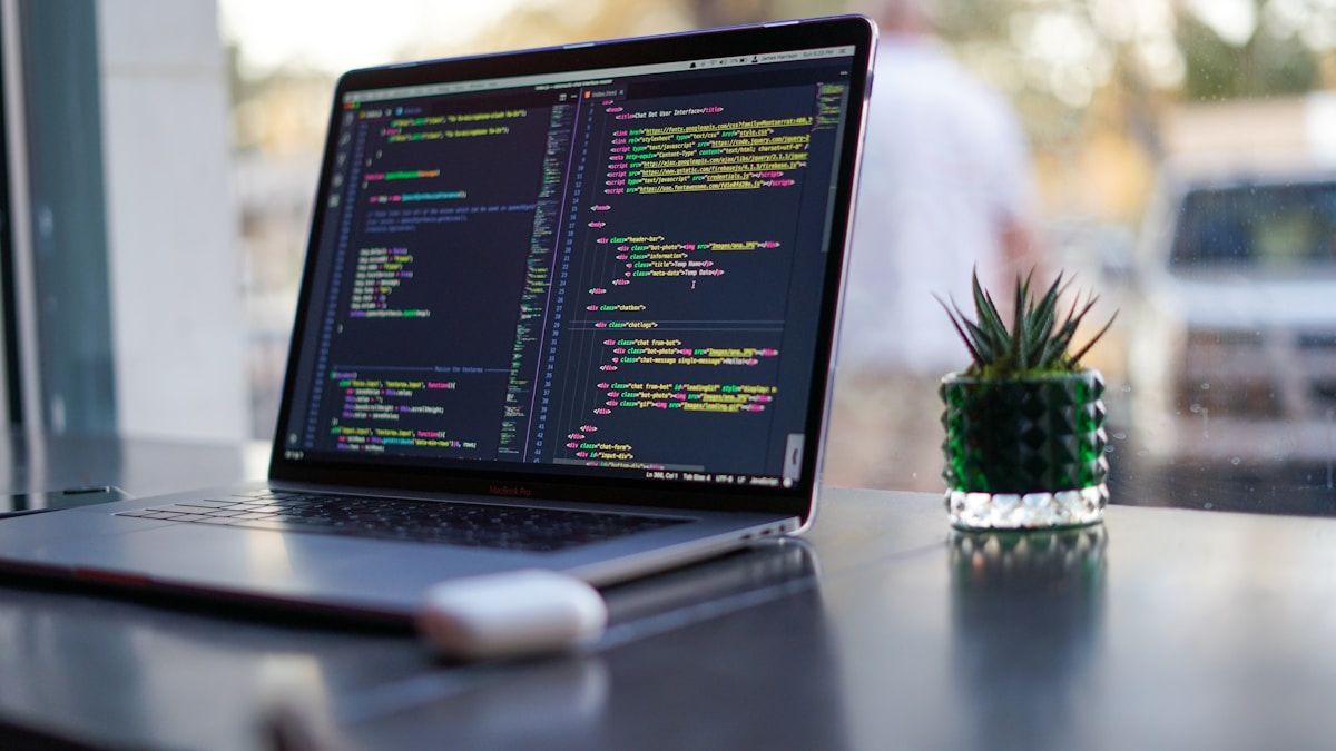 Ordinateur portable avec code de programmation affiché sur l'écran, sur un bureau avec une plante en pot.