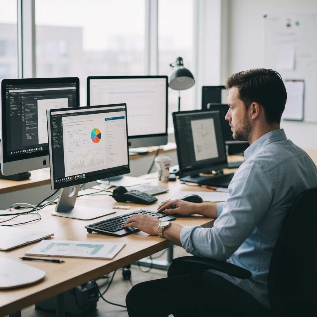 Un développeur web travaillant sur plusieurs écrans affichant du code et une maquette de site professionnel, dans un bureau moderne avec équipement technique, ambiance concentrée et professionnelle, aucun texte visible