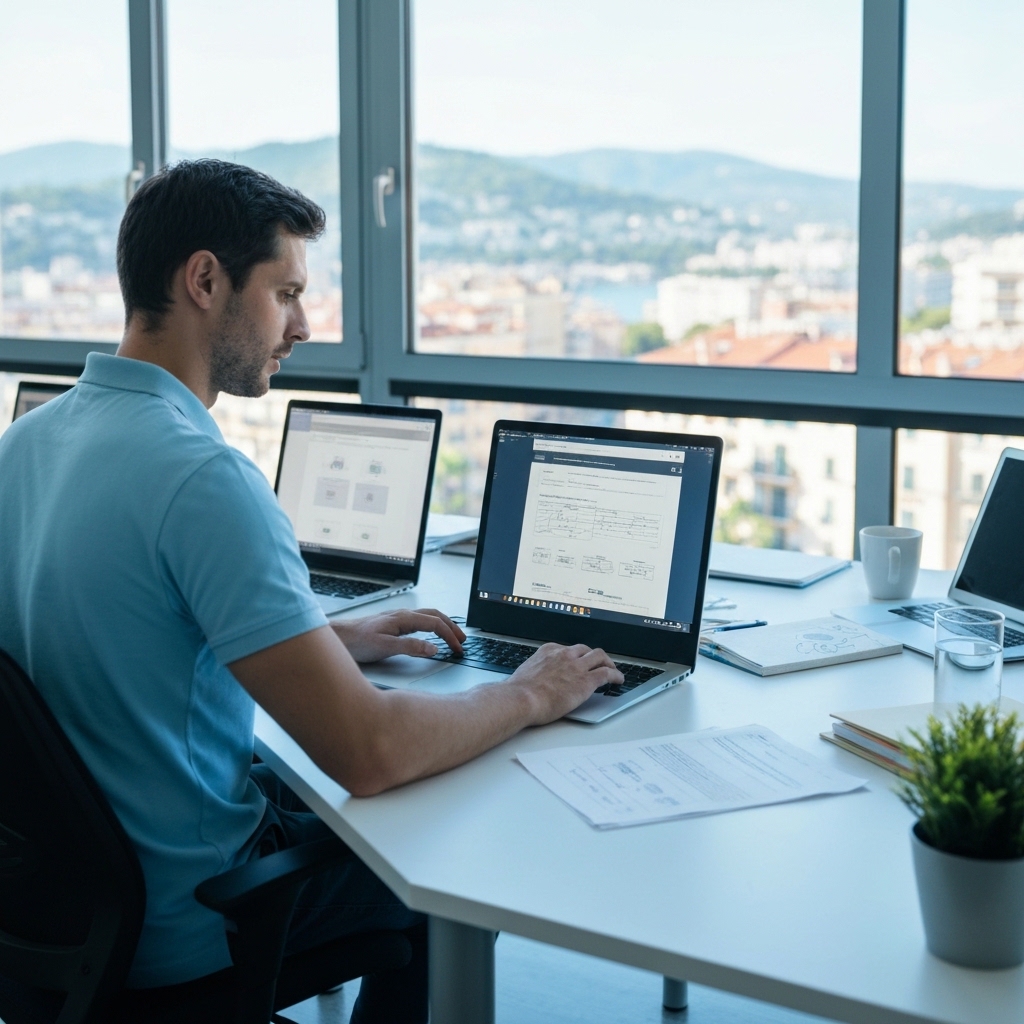 Développeur web professionnel travaillant sur un ordinateur portable dans un bureau niçois moderne aux accents bleus méditerranéens, affichant des maquettes de site web à l'écran, atmosphère de collaboration concentrée, éclairage naturel provenant de grandes fenêtres donnant sur le paysage côt