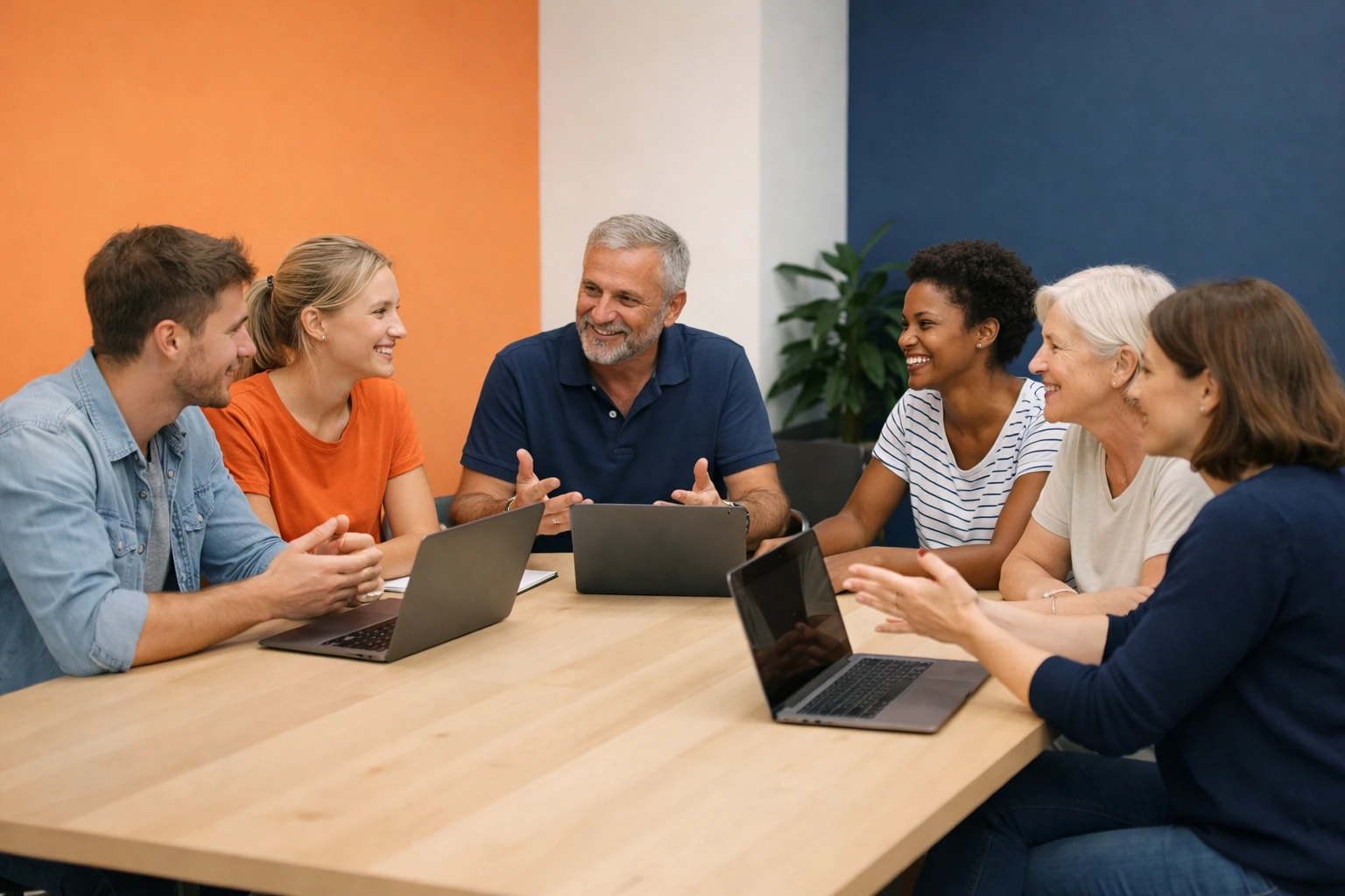 Équipe de bénévoles associatifs réunis autour d'une table de travail avec ordinateurs portables et documents, discutant d'un projet de site web dans une salle de réunion lumineuse