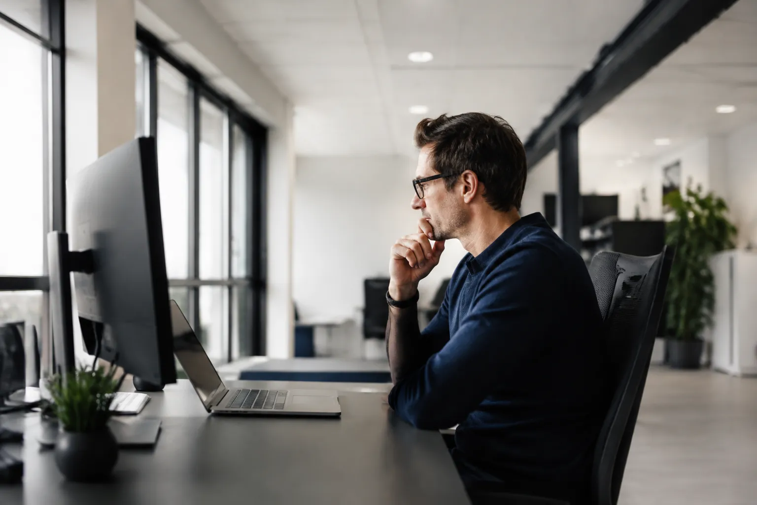 Homme réfléchissant devant un ordinateur dans un bureau.