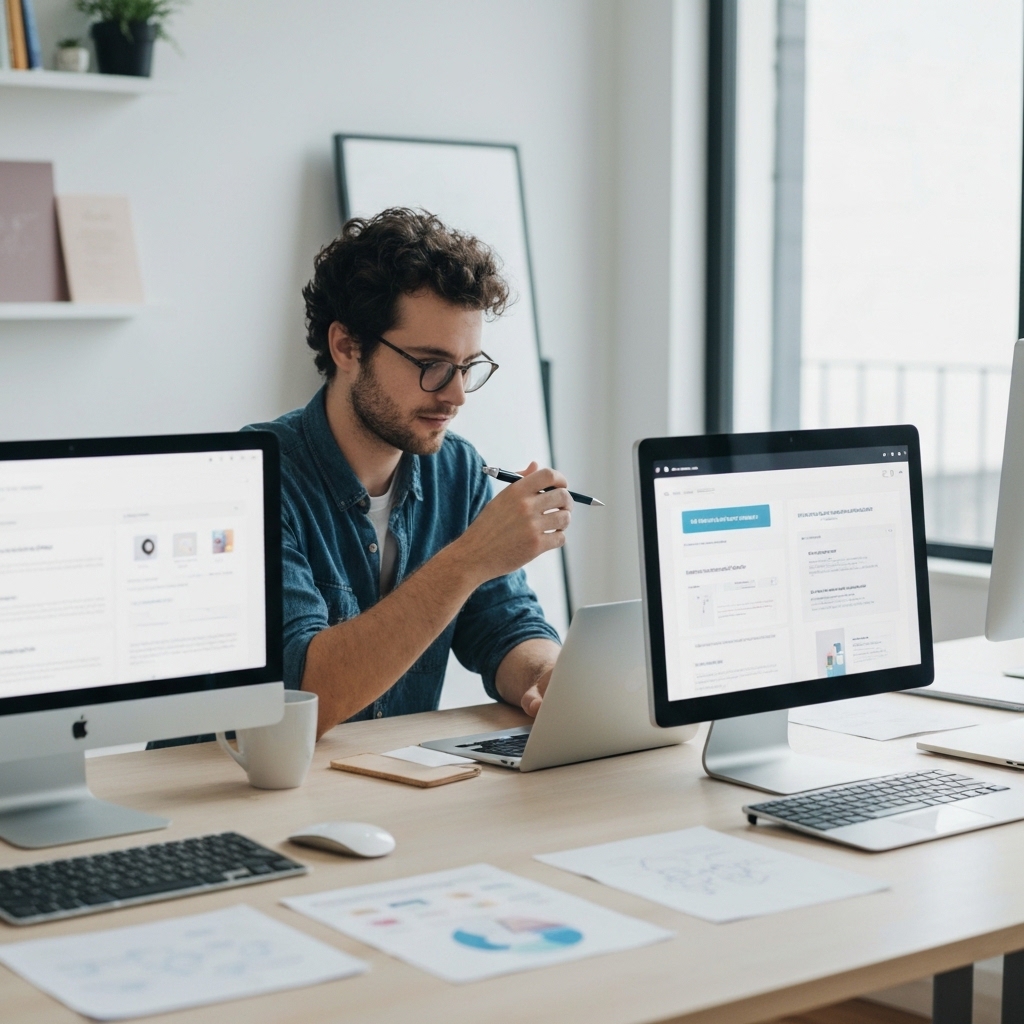 Développeur web professionnel travaillant sur plusieurs écrans affichant les tableaux de bord WordPress et Prestashop dans un bureau moderne à Nice, avec un éditeur de code et des éléments d'interface de commerce électronique, éclairage naturel des fenêtres de style méditerranéen, environnement de