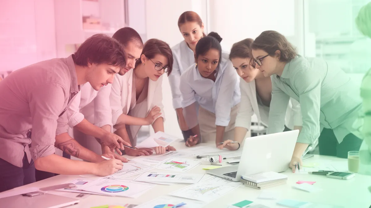 Groupe de collègues collaborant sur un projet dans un bureau moderne.