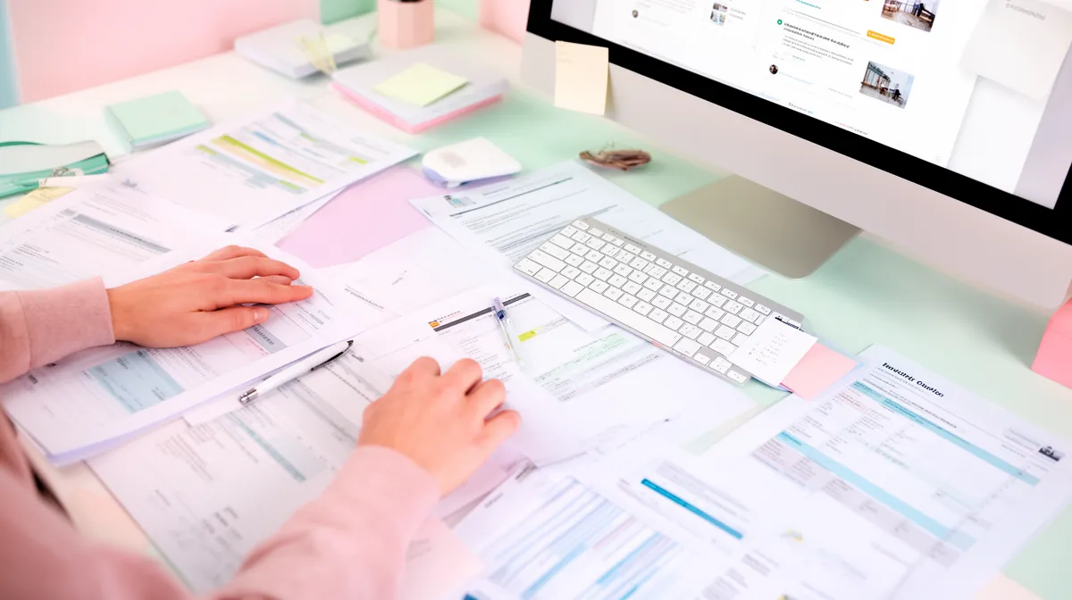 Bureau de travail encombré avec documents, ordinateur et outils de bureau.