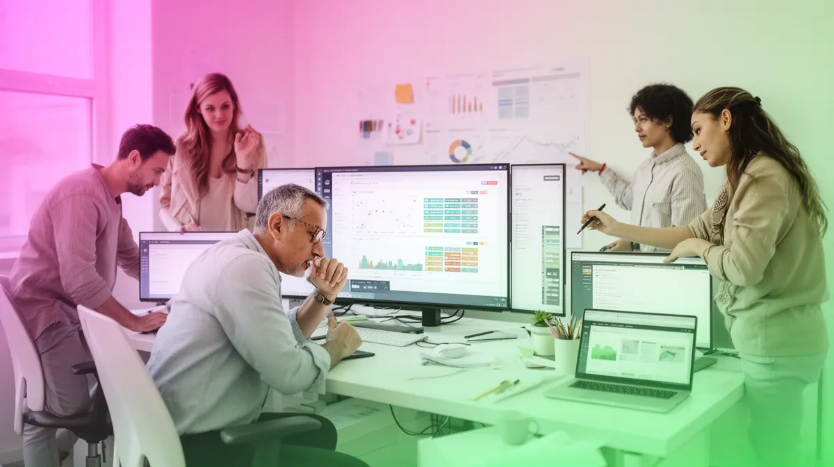 Équipe de professionnels analysant des données sur des écrans d'ordinateur dans un bureau coloré.