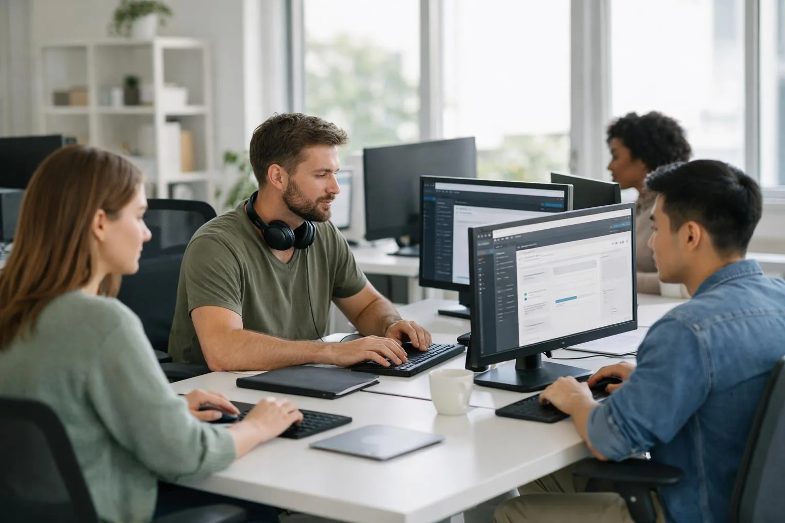 Équipe de développeurs travaillant ensemble sur des ordinateurs dans un bureau moderne.