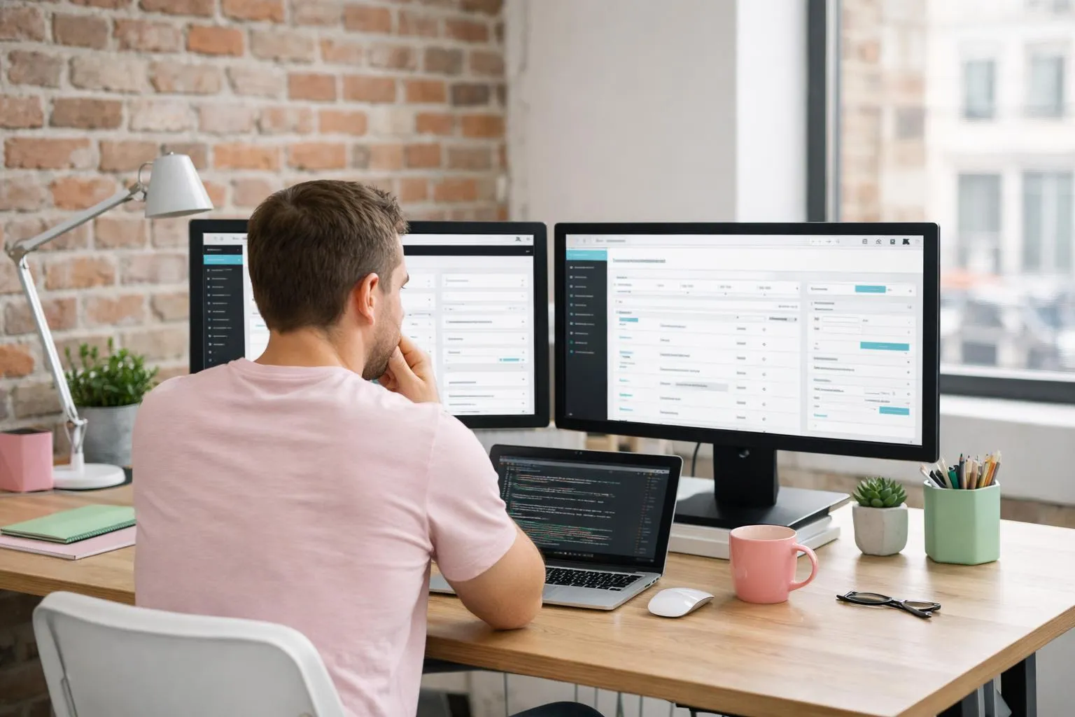 Un homme travaillant sur plusieurs écrans d'ordinateur dans un bureau moderne.