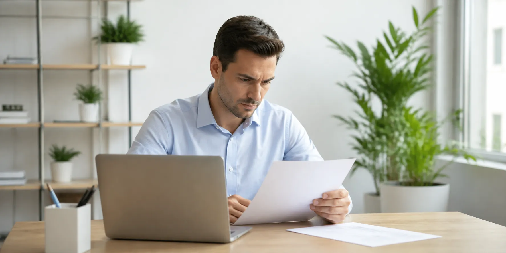 Homme d'affaires concentré travaillant sur son ordinateur portable dans un bureau moderne.