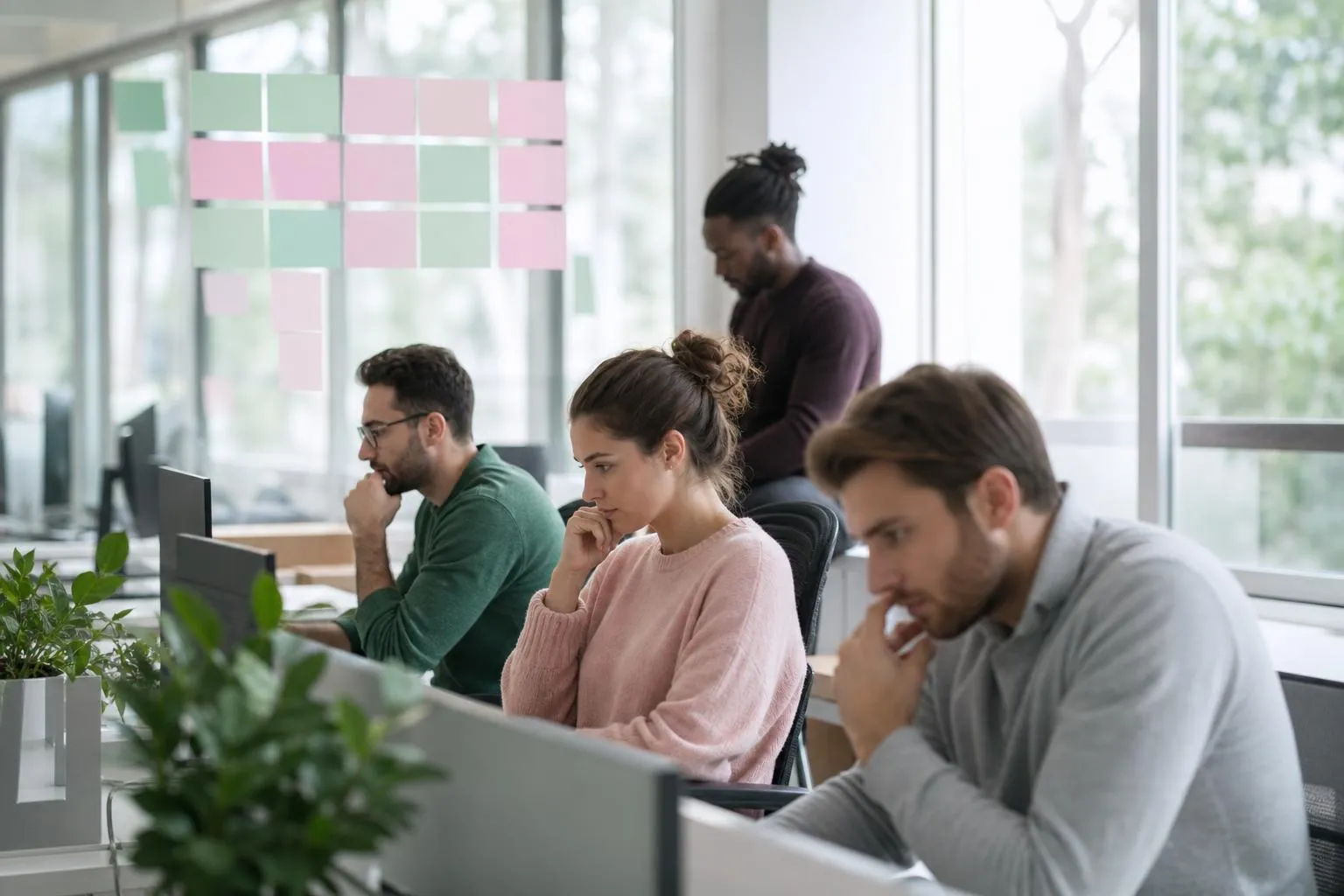 Groupe de collègues concentrés sur leur travail dans un bureau lumineux.