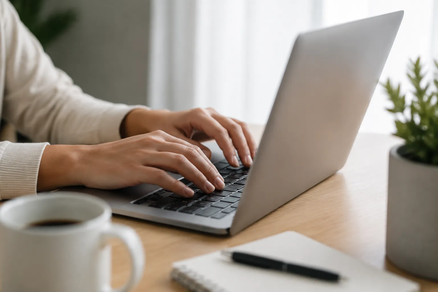 Personne tapant sur un ordinateur portable, tasse de café et stylo sur le bureau.