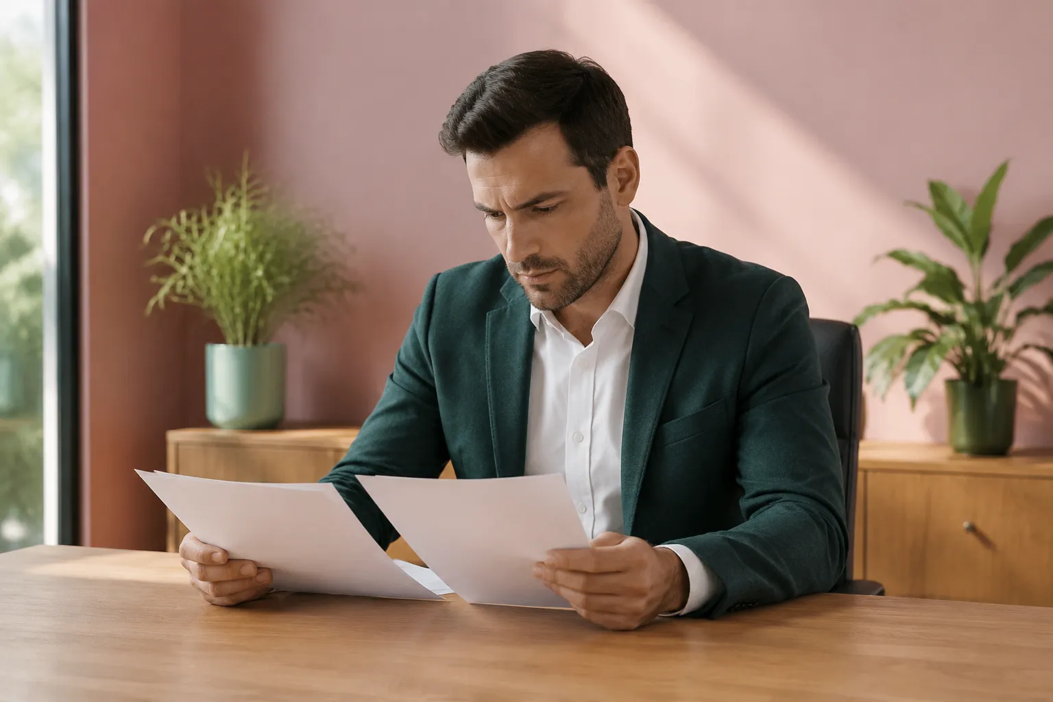 Homme d'affaires concentré examinant des documents sur son bureau.
