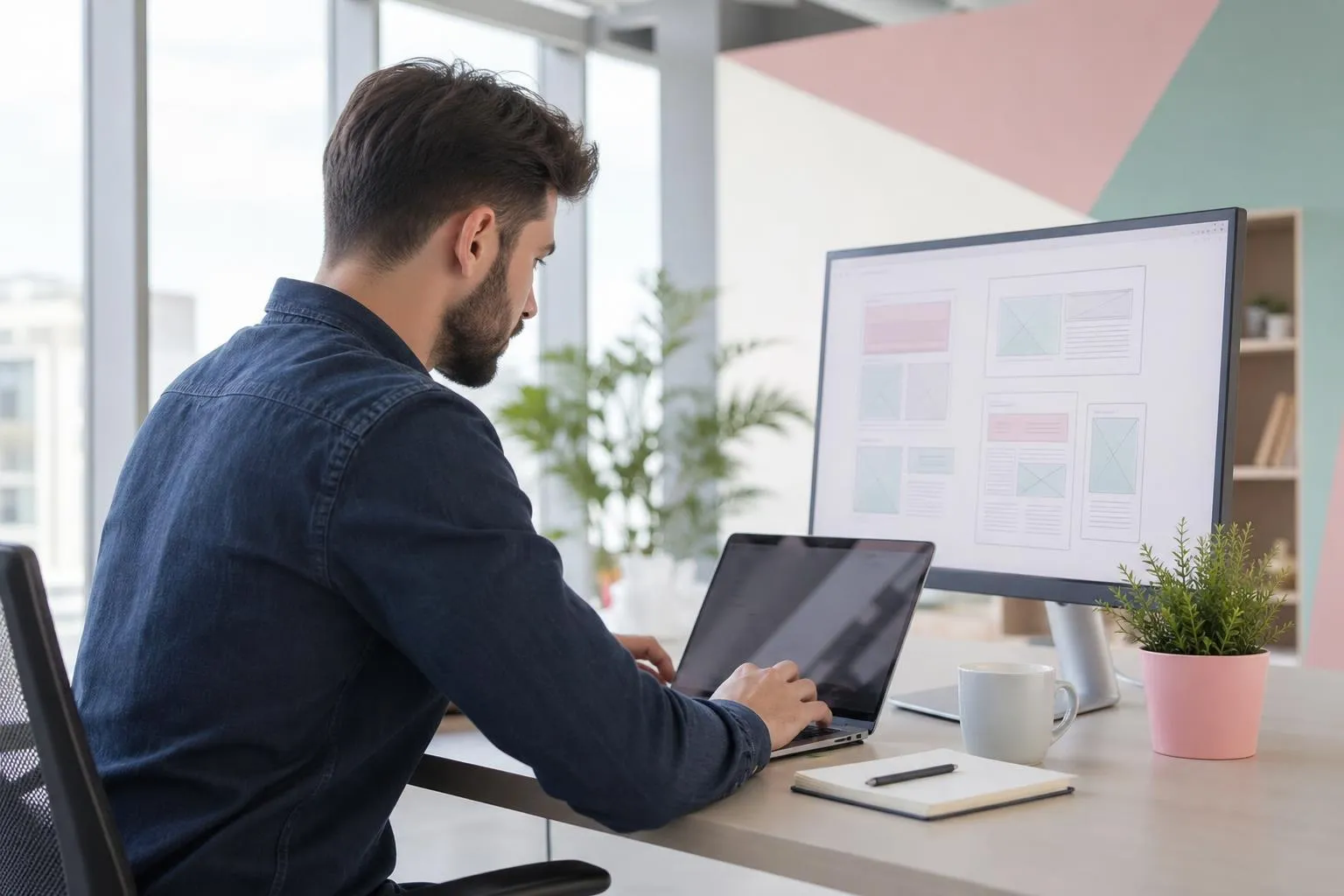 Un homme travaillant sur un ordinateur portable dans un bureau moderne.