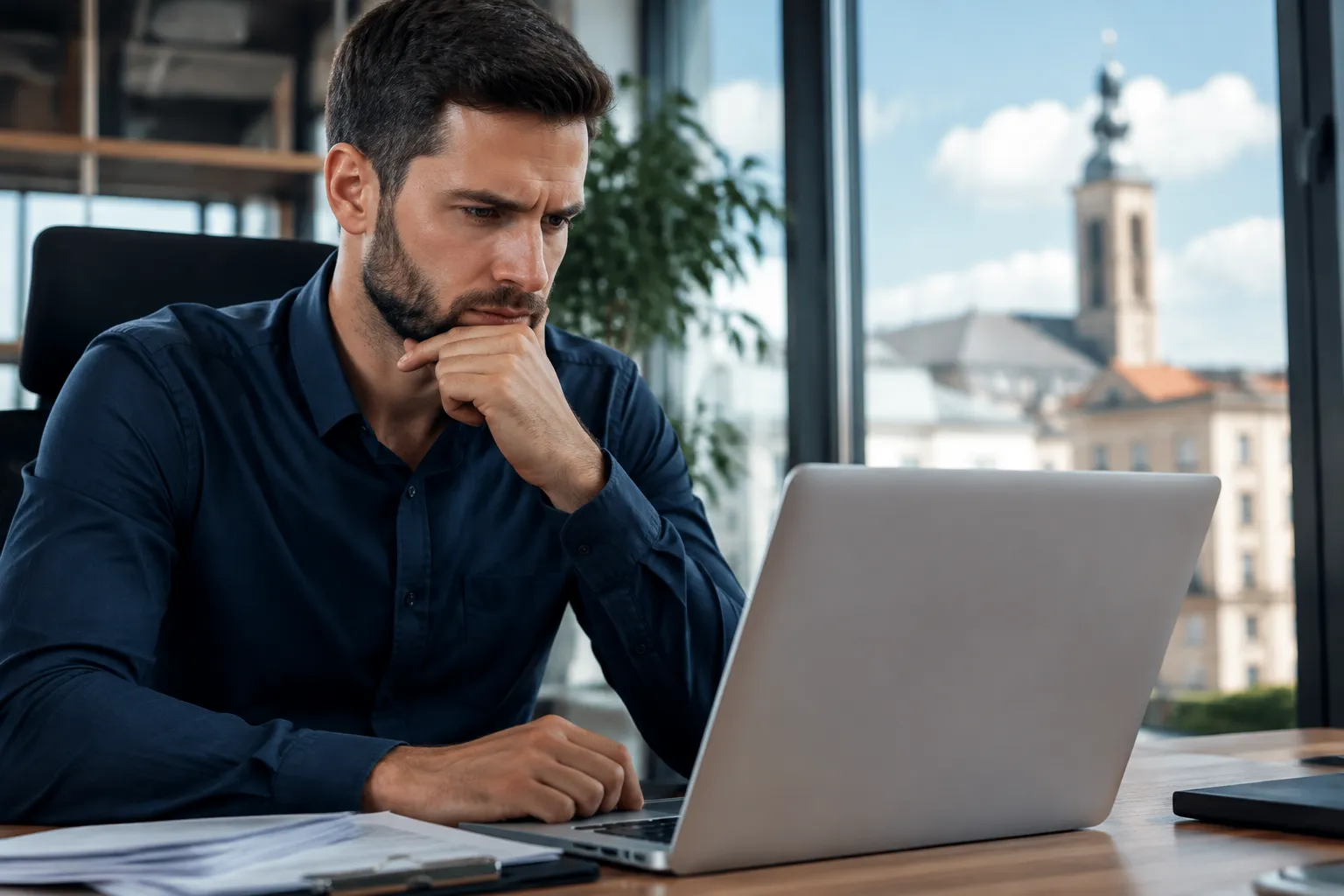 Homme d'affaires concentré travaillant sur un ordinateur portable dans un bureau.