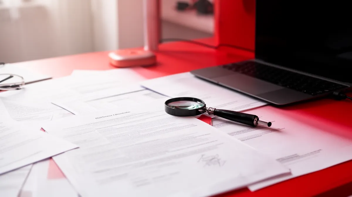 Documents, ordinateur portable et loupe sur un bureau rouge.