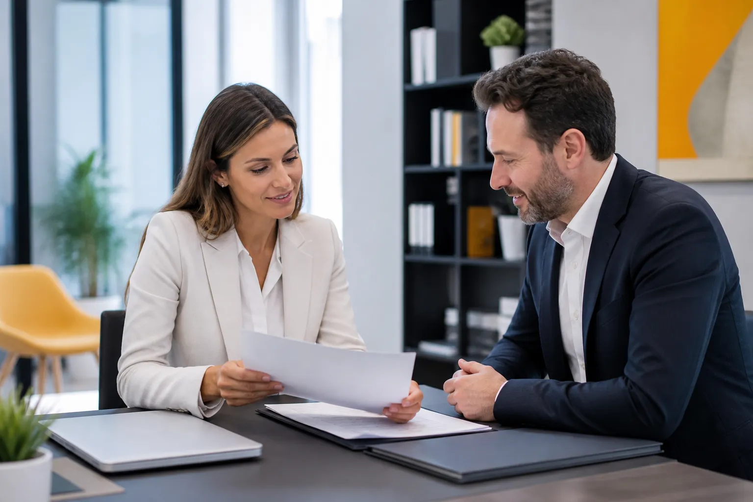 Deux professionnels discutent de documents sur un bureau dans un bureau moderne.
