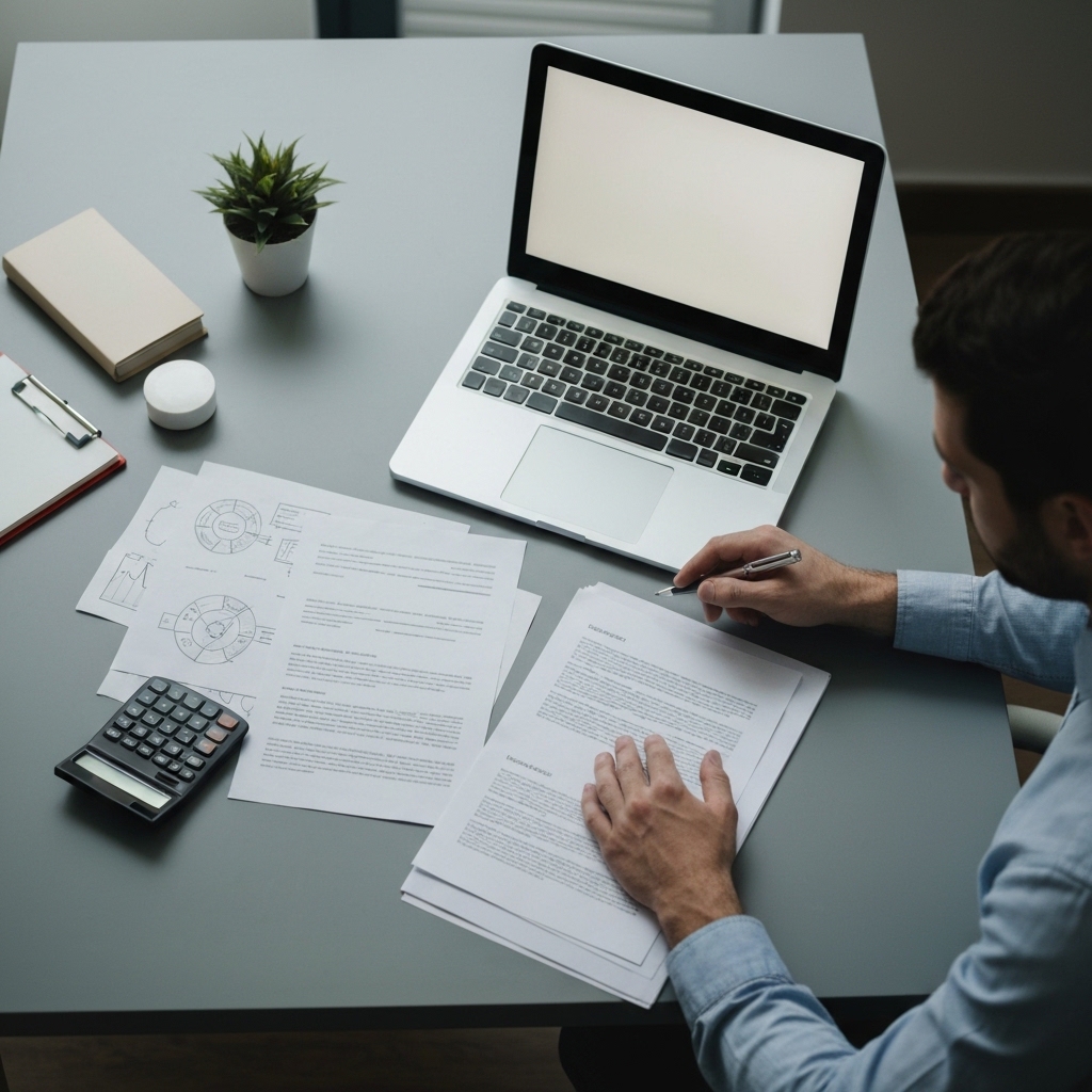 Un professionnel d'affaires analyse des documents budgétaires sur l'écran d'un ordinateur portable, dans un bureau moderne avec calculatrice et cahier.