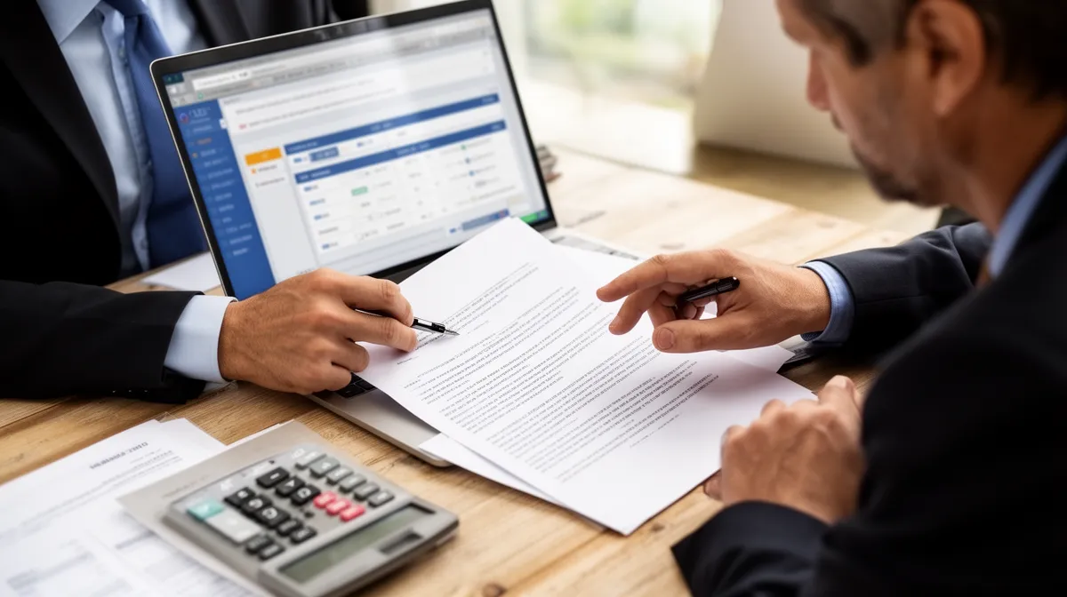 Un homme d'affaires examinant des documents et utilisant un ordinateur portable.