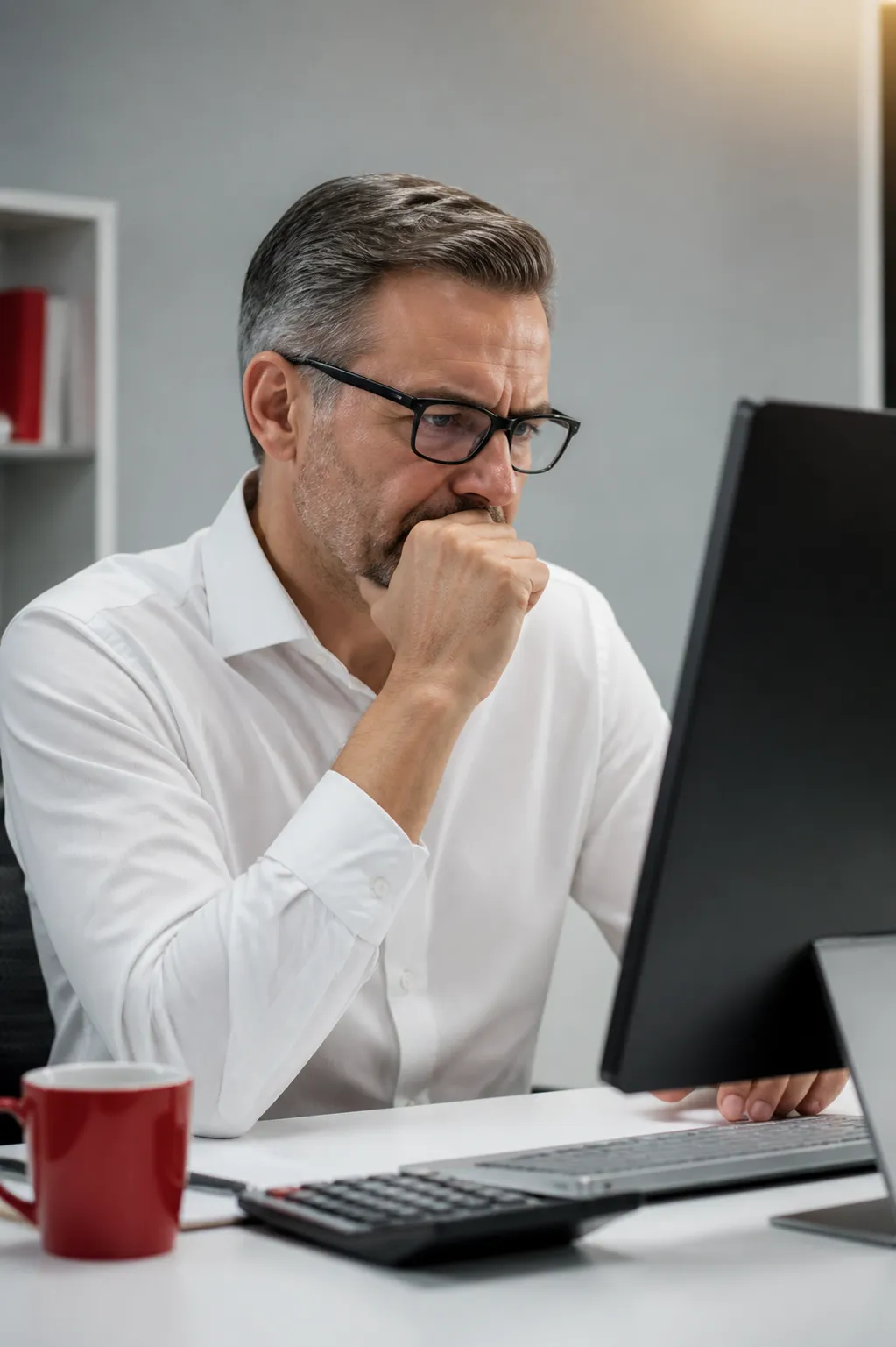 Homme d'affaires concentré travaillant sur ordinateur dans un bureau.