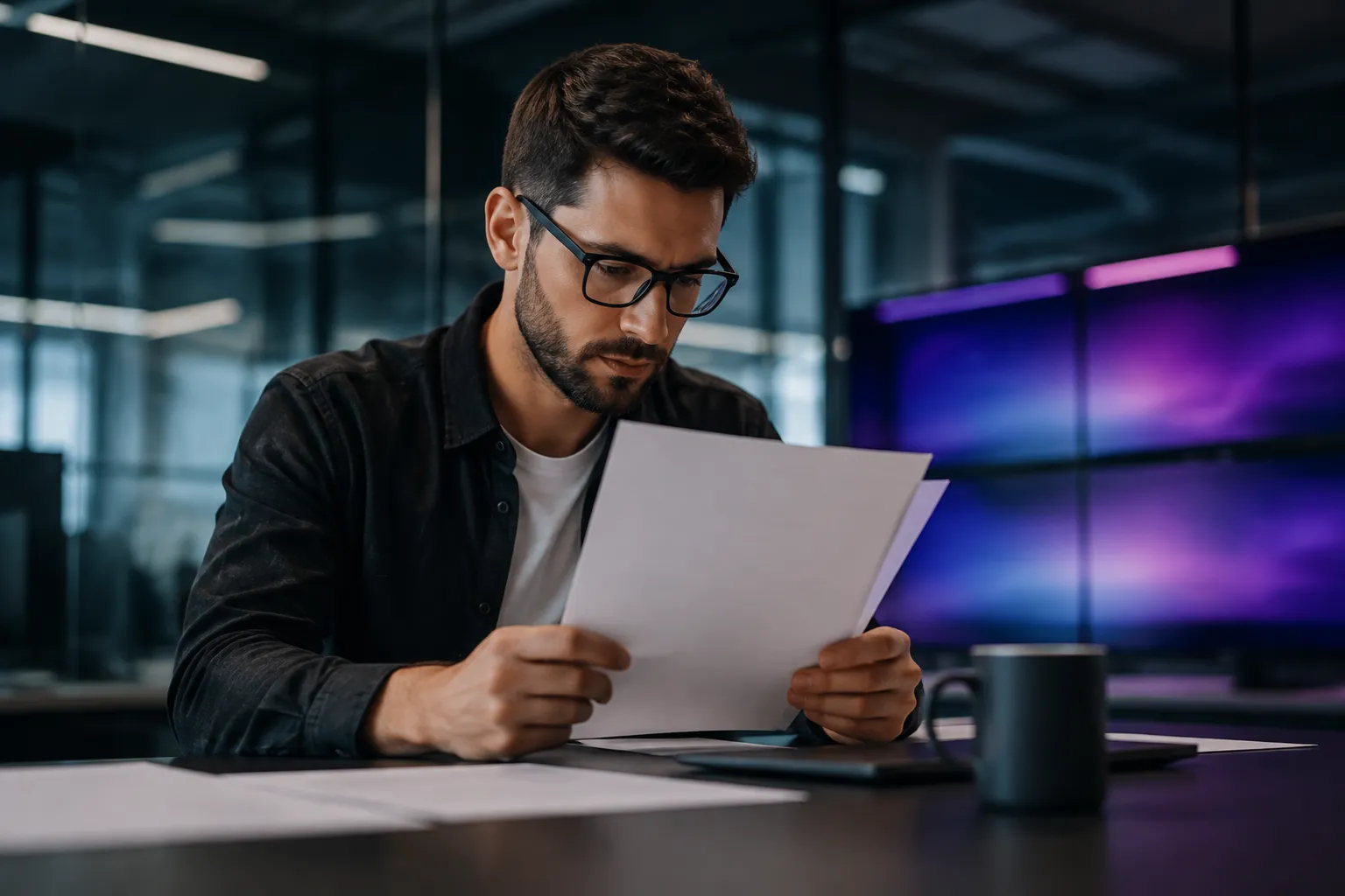Homme concentré lisant un document dans un bureau sombre.