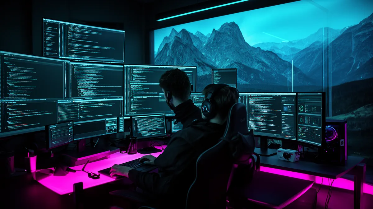 Deux personnes travaillant sur des ordinateurs dans un environnement high-tech et futuriste.