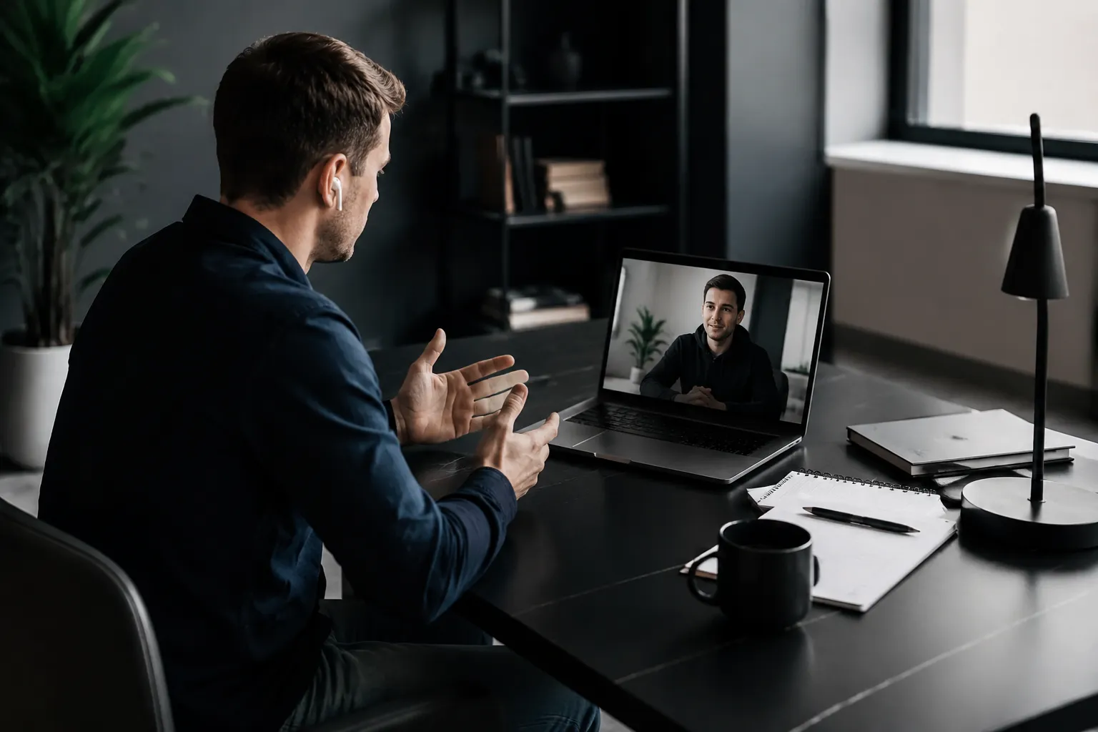 Homme en costume sombre en visioconférence sur ordinateur portable dans un bureau sombre.