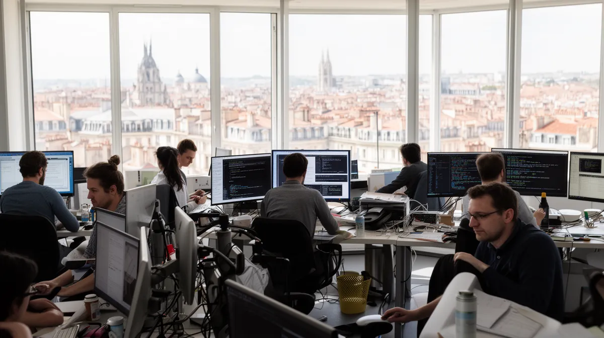 Espace de travail animé avec vue panoramique sur la ville.