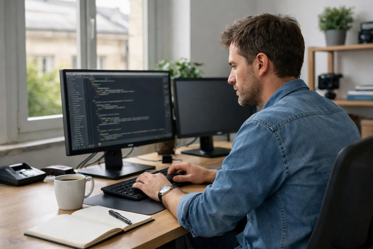 Homme concentré sur son travail informatique dans un bureau lumineux.