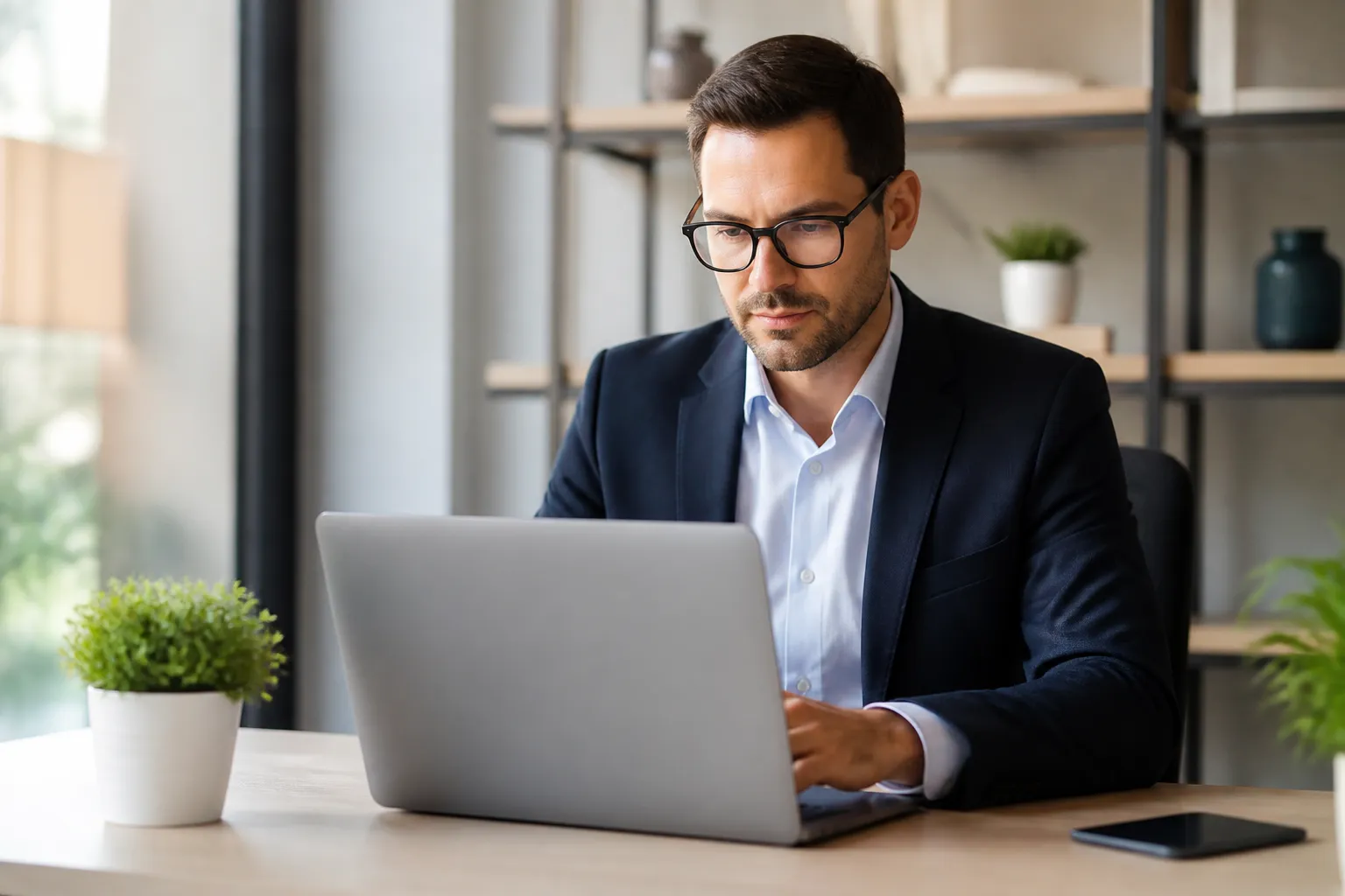 Homme d'affaires concentré travaillant sur un ordinateur portable dans un bureau.