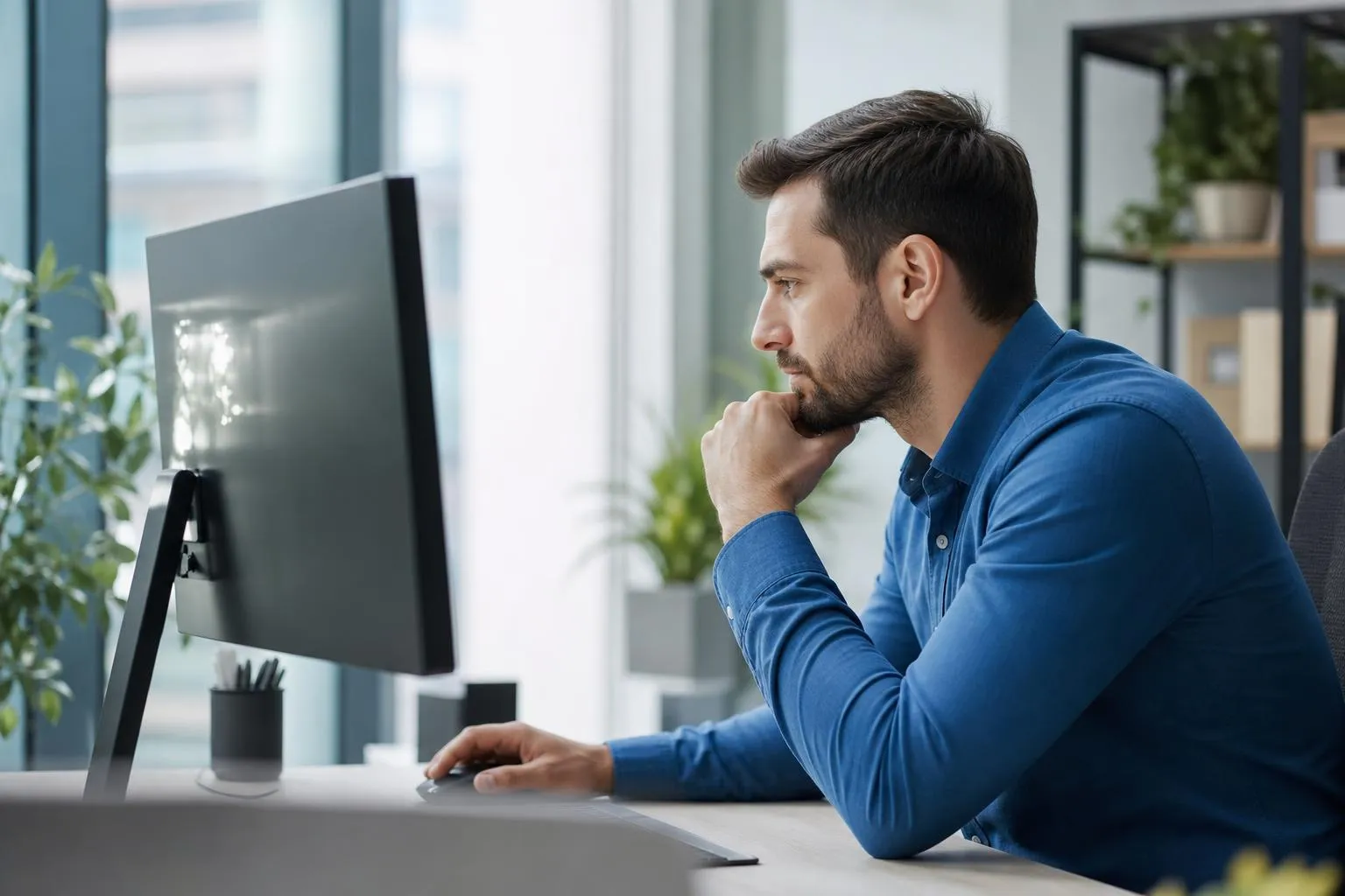 Homme d'affaires concentré travaillant sur ordinateur dans un bureau moderne.