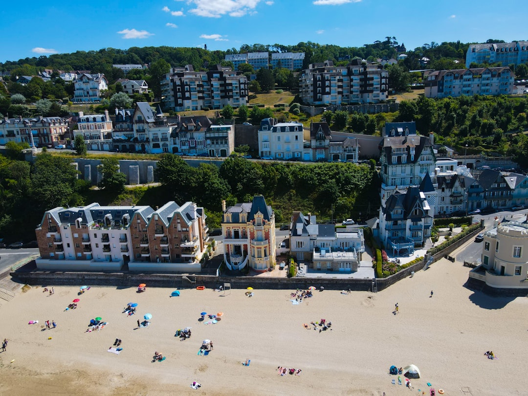 création site internet normandie - a beach with many buildings and trees