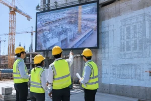 Ingénieurs BTP examinant un écran LCD sur un chantier de construction moderne.