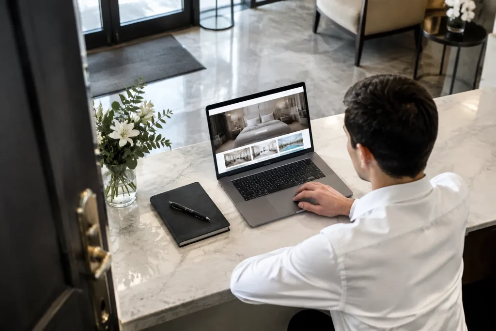 Réception d’hôtel moderne avec ordinateur portable montrant un site web hôtelier en développement.