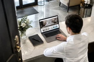 Réception d’hôtel moderne avec ordinateur portable montrant un site web hôtelier en développement.