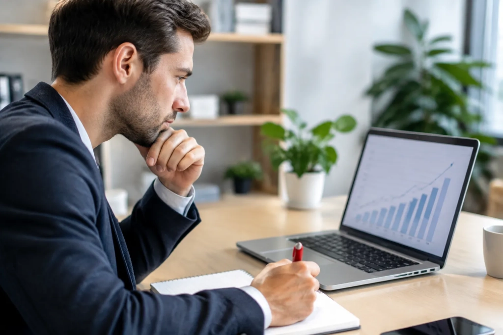 Professionnel marketing tenant un stylo devant un ordinateur affichant un tableau SEO, bureau flou en arrière‑plan.