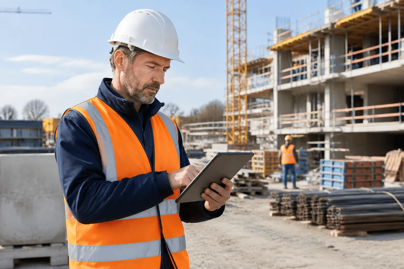 Chef de chantier en gilet orange utilisant une tablette.