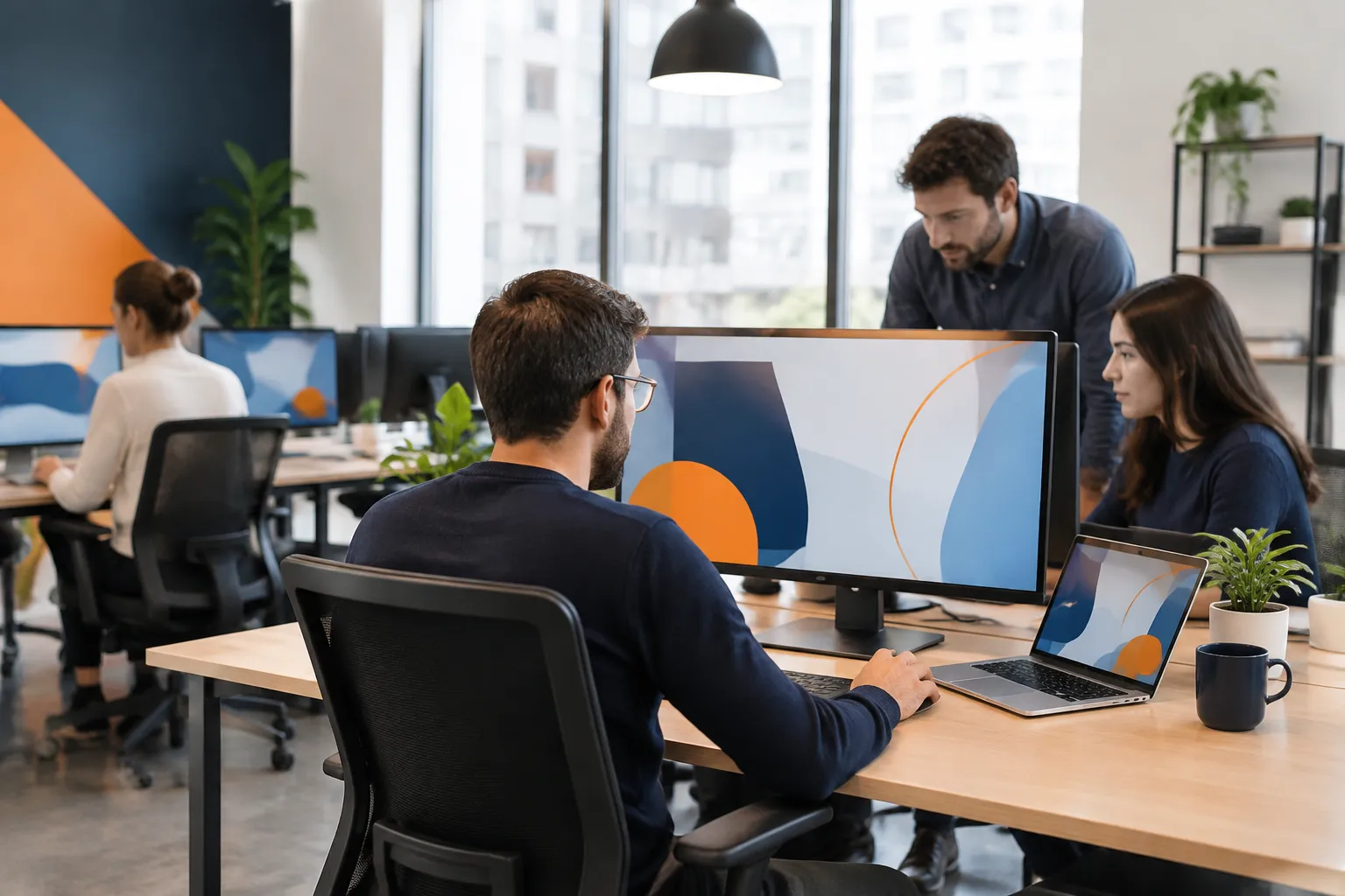 Équipe travaillant dans un bureau moderne avec écrans colorés