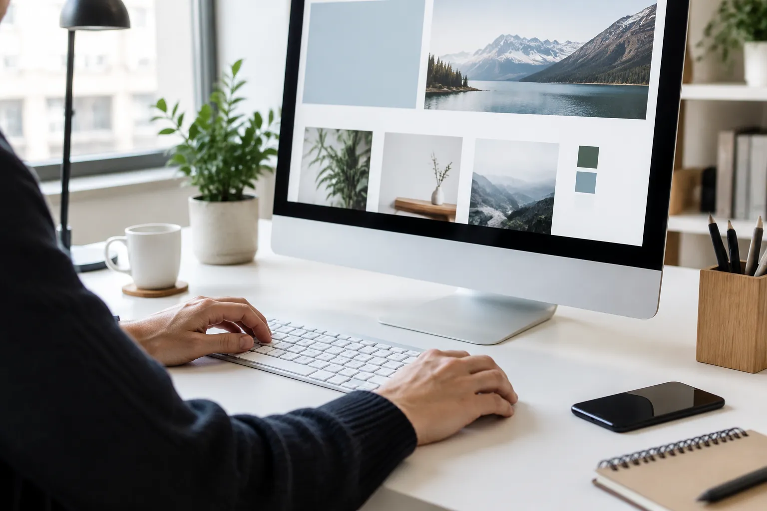 Bureau de travail avec ordinateur, plantes et paysage montagneux.