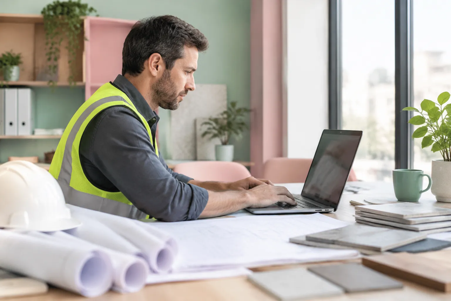 Ingénieur en gilet de sécurité travaillant sur un ordinateur portable