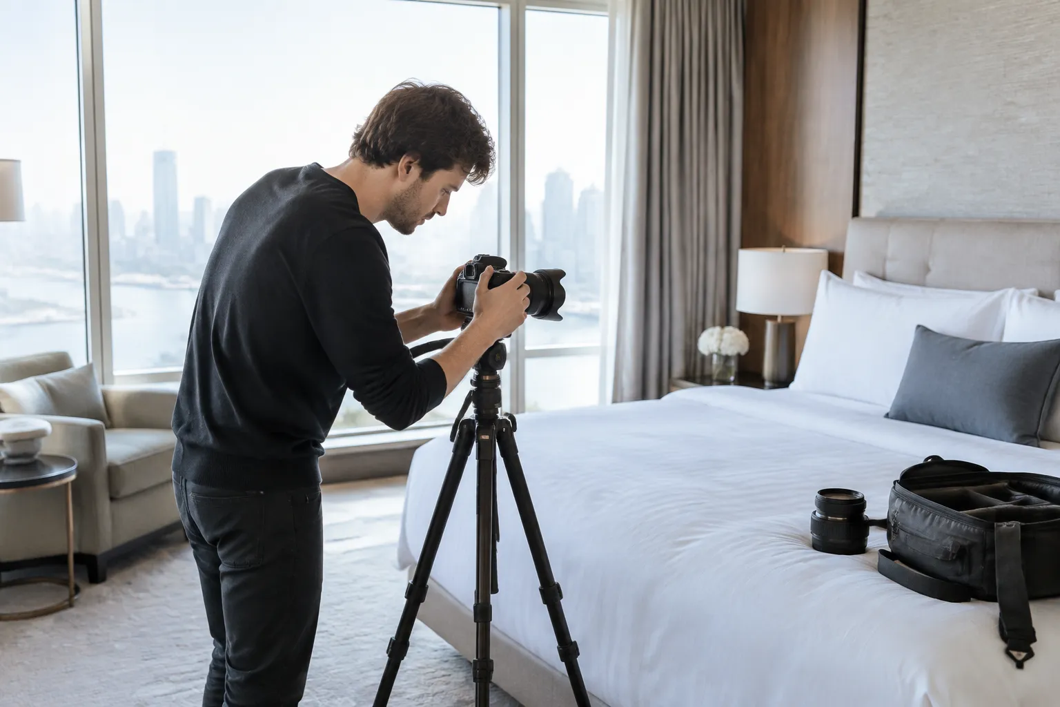 Photographe ajustant un appareil sur trépied dans une chambre d’hôtel.