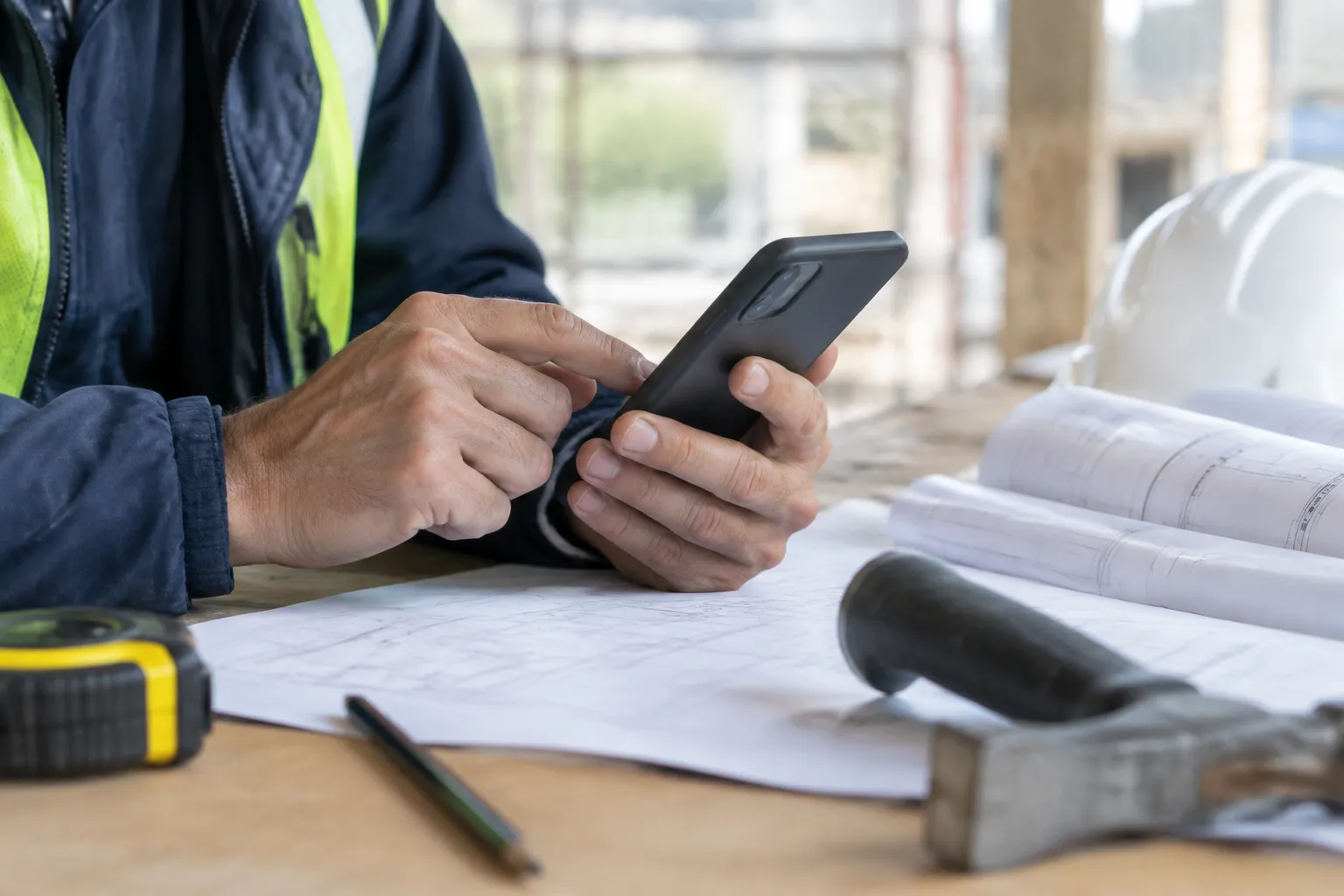 Ouvrier consultant son smartphone sur des plans de construction