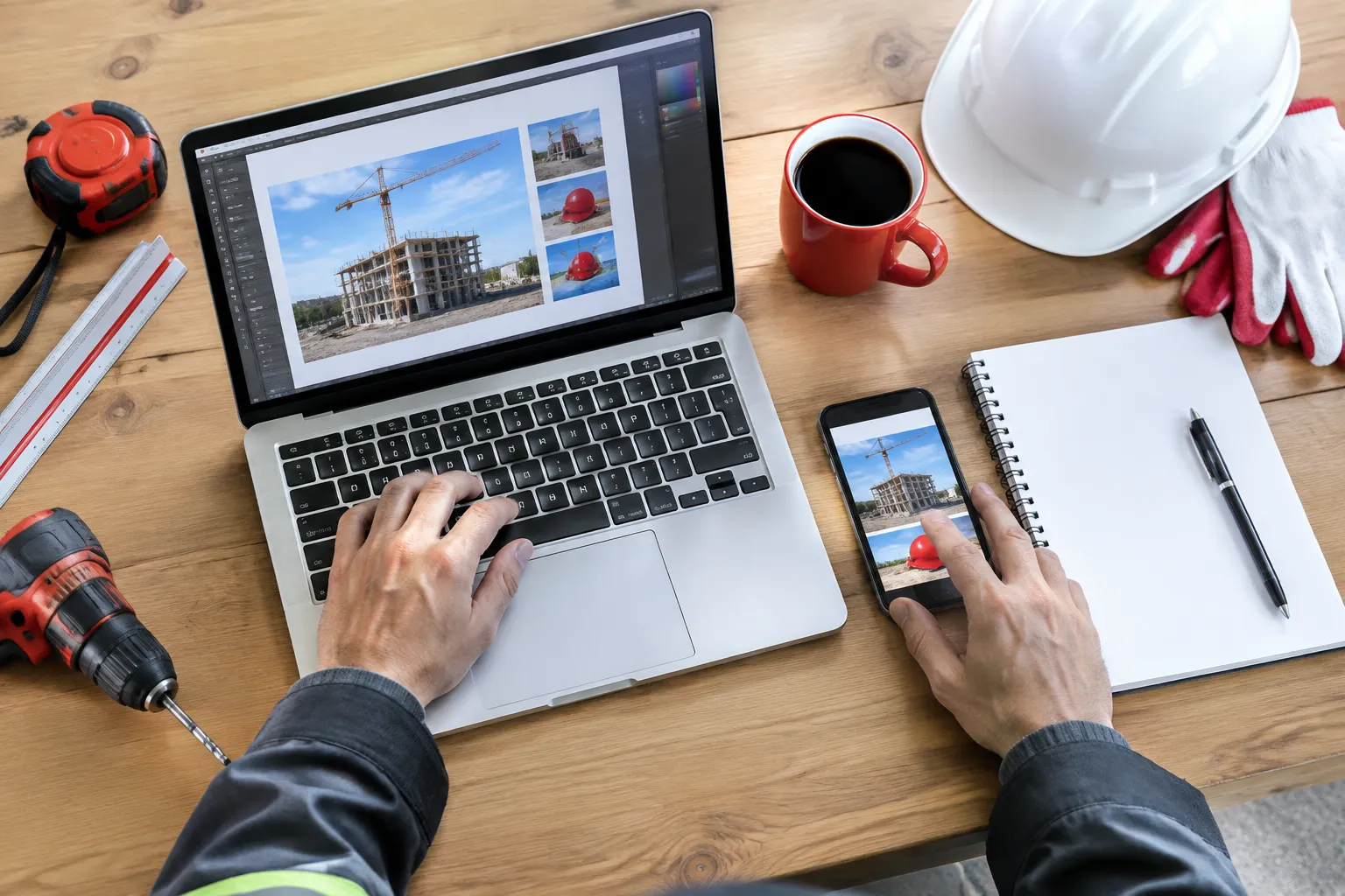 Bureau d’architecte avec ordinateur, plans, outils et équipement de chantier