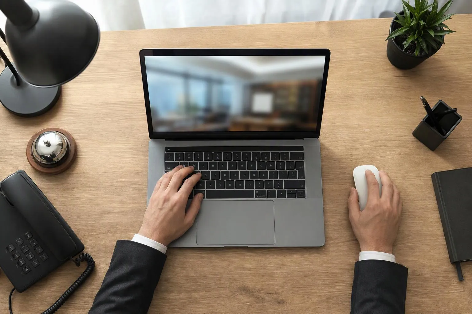 Vue aérienne d’un professionnel travaillant sur ordinateur portable au bureau