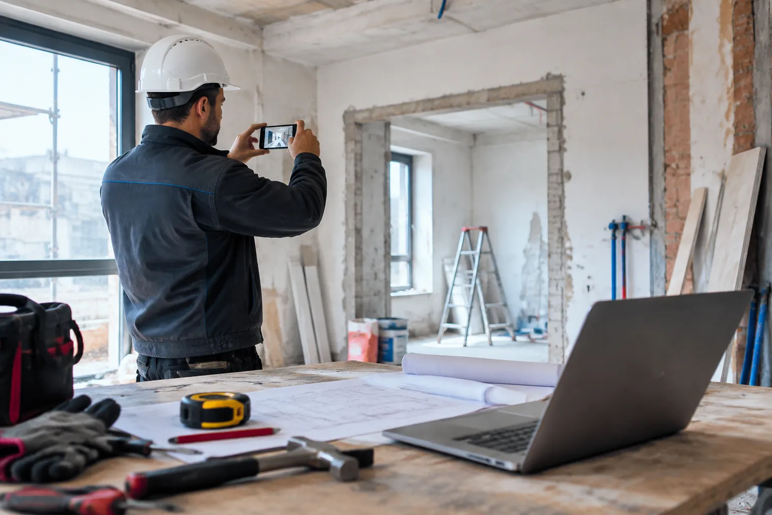 Ouvrier en casque photographiant un chantier avec smartphone.
