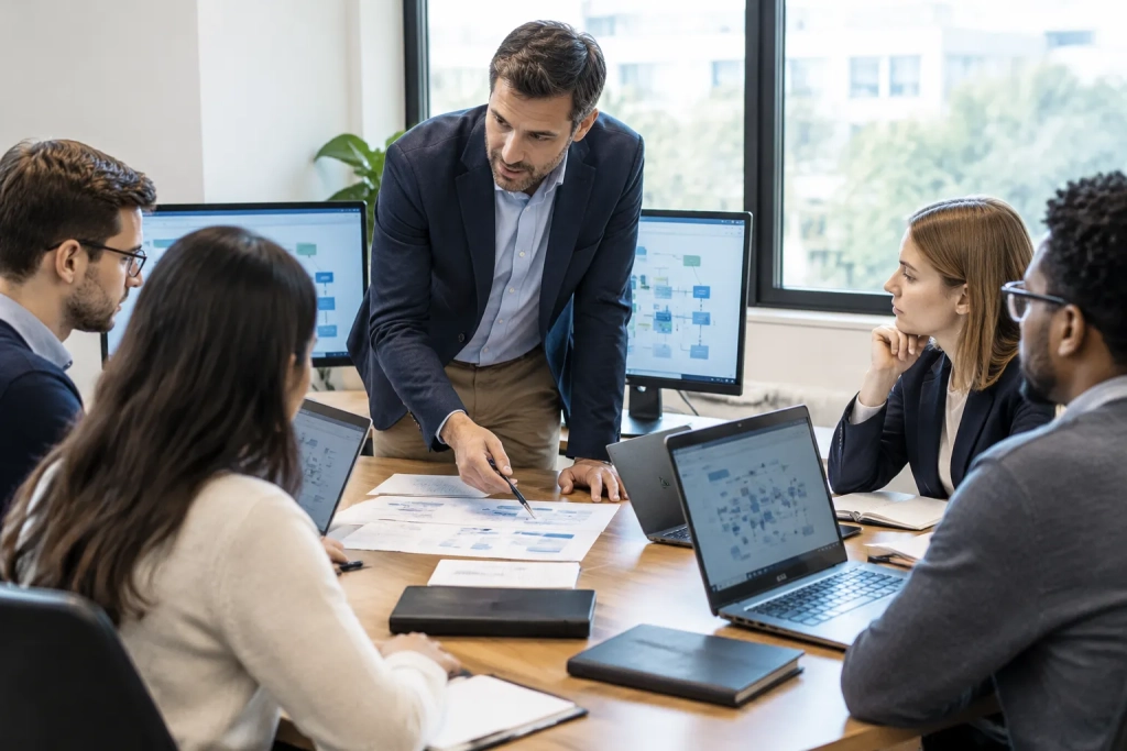 Consultant ERP discutant avec son équipe autour d’un tableau de processus, lumière naturelle.