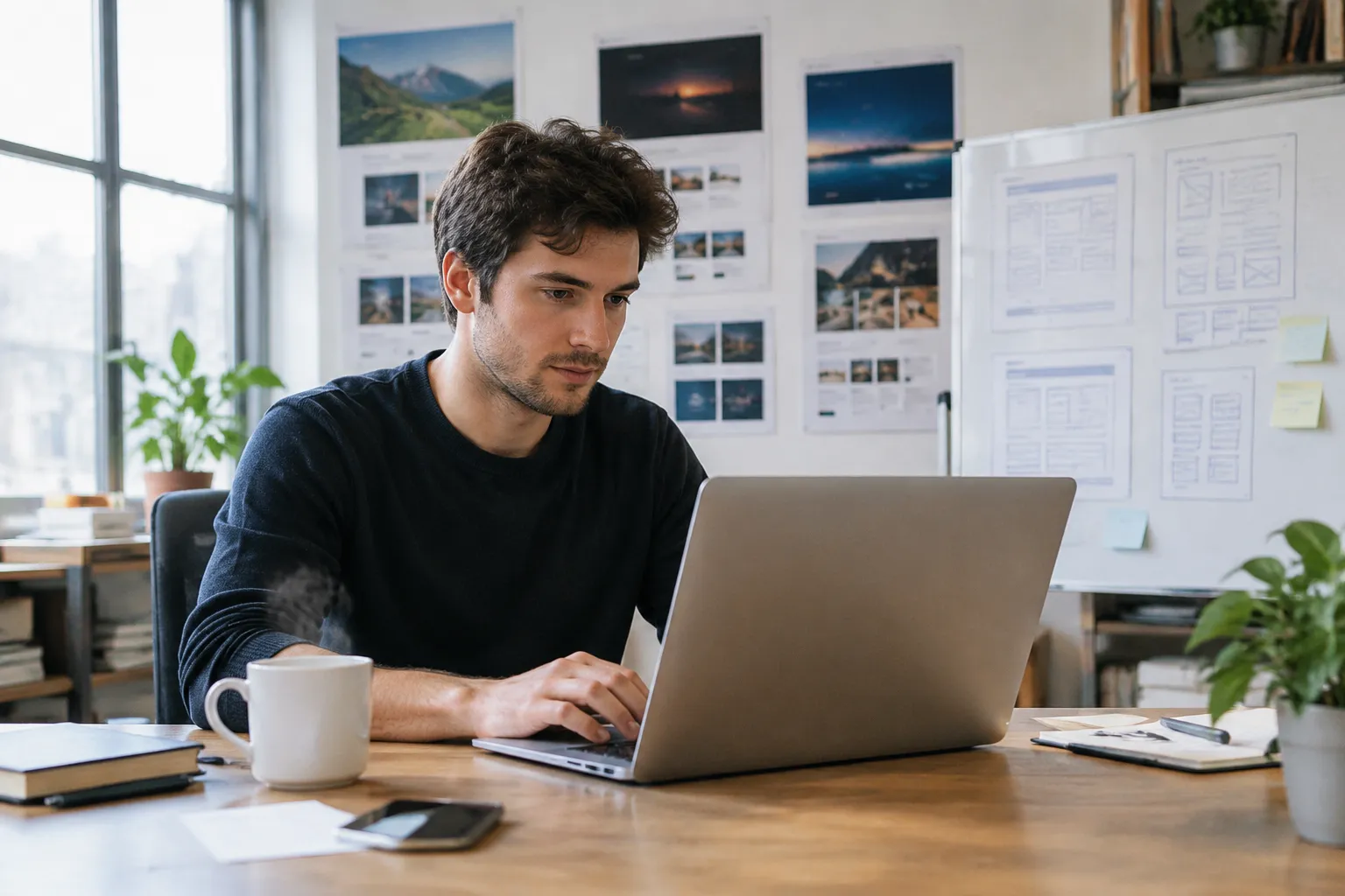 Développeur créant un site gratuit sur laptop, entouré de maquettes et café, dans un studio lumineux.