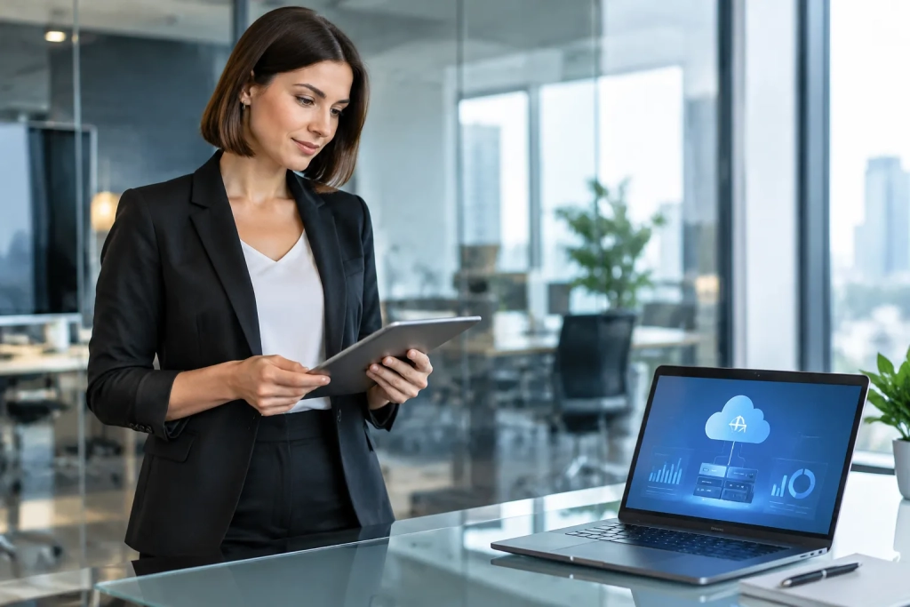 Femme d’affaires consulte un tableau ERP cloud sur un ordinateur portable dans un bureau moderne.