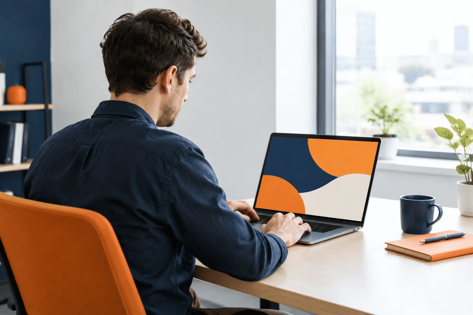 Homme travaillant sur ordinateur portable dans un bureau lumineux