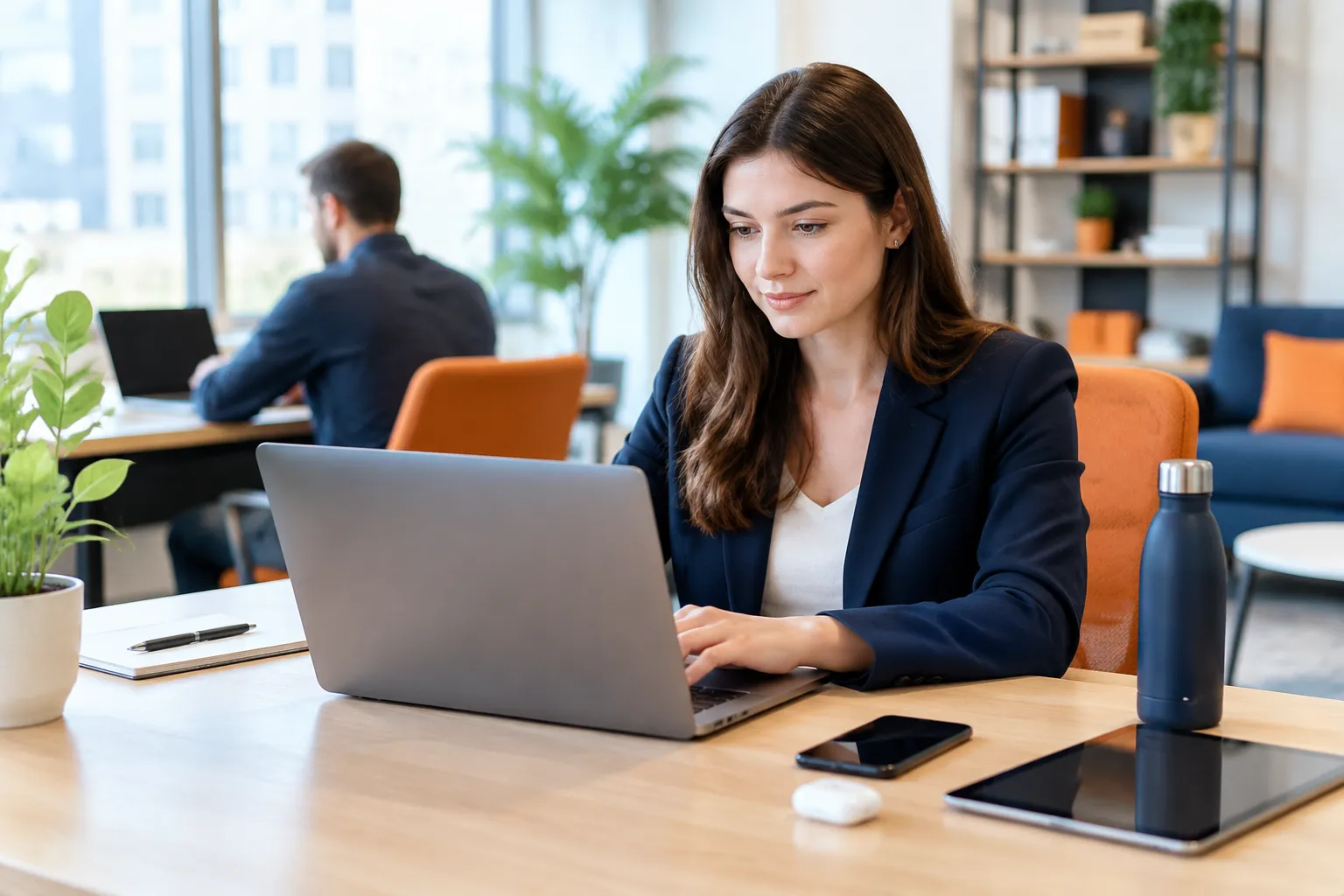 Femme d’affaires travaillant sur ordinateur portable dans un bureau moderne