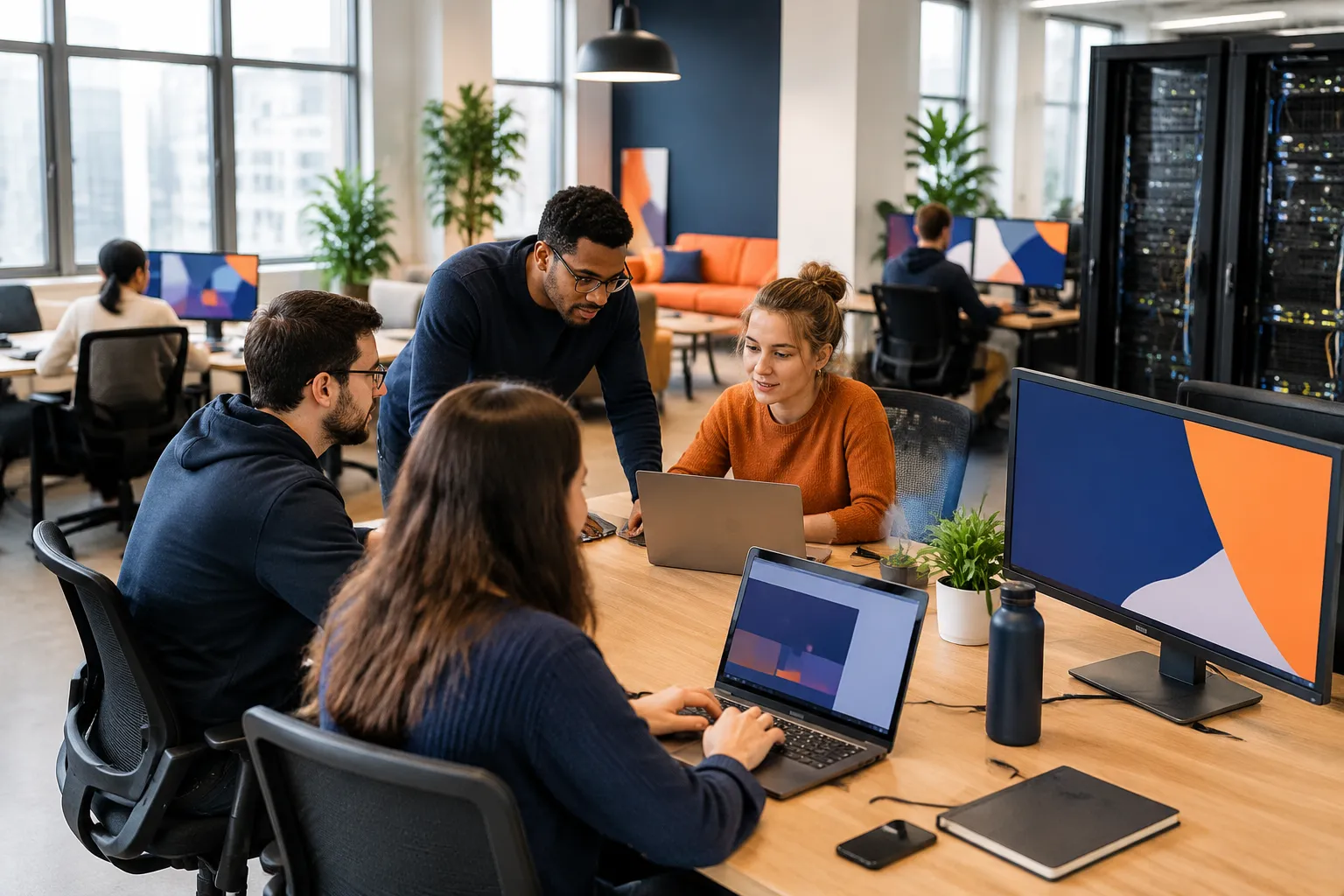Équipe informatique collaborant autour d’une table dans un bureau moderne